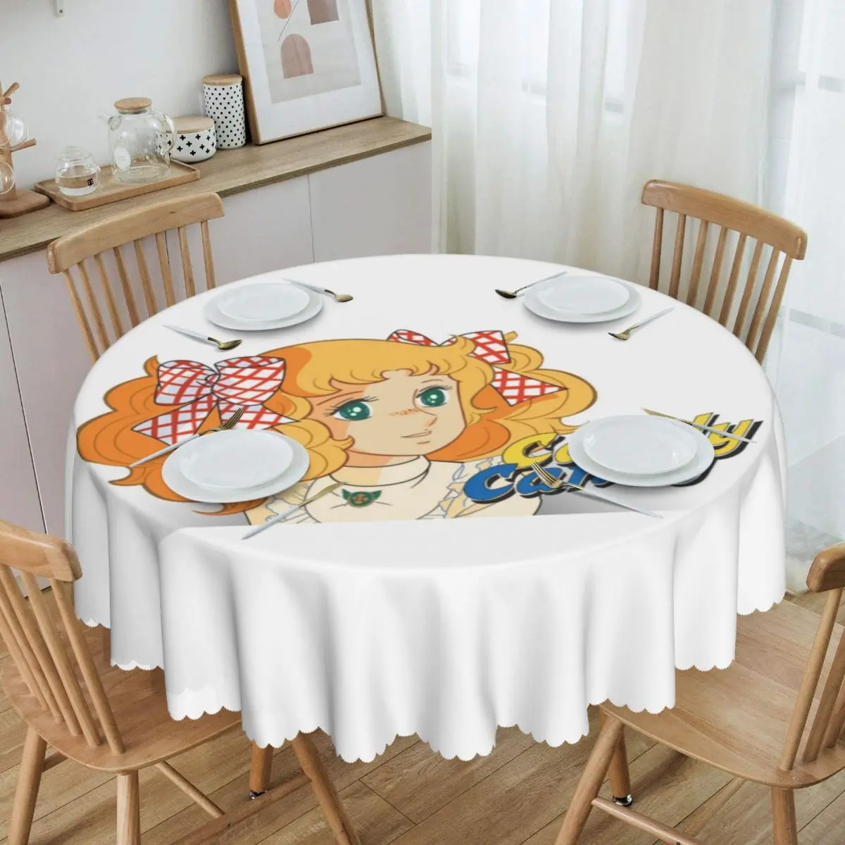 Round Cute Candy Candy Logo Tablecloth Waterproof Oil-Proof Table Covers 60 inches Anime Manga Table Cloth