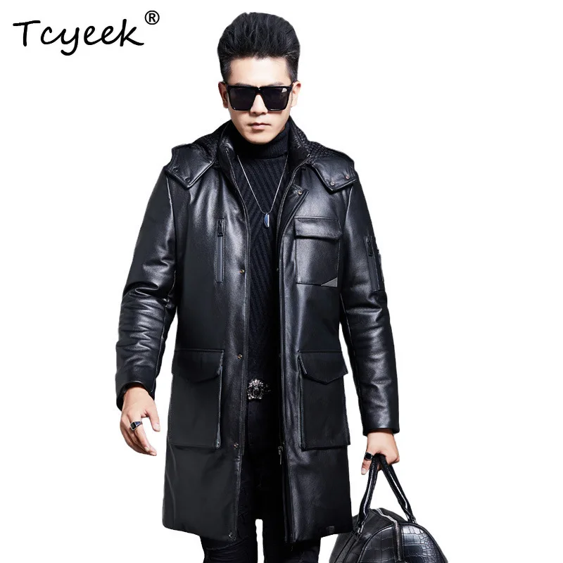Tcyeek Top Layer Cowhide Real Leather Jacket Men Mid-length White Duck Down Coat Mens Clothes Streetwear Trendy Jaqueta De Cour