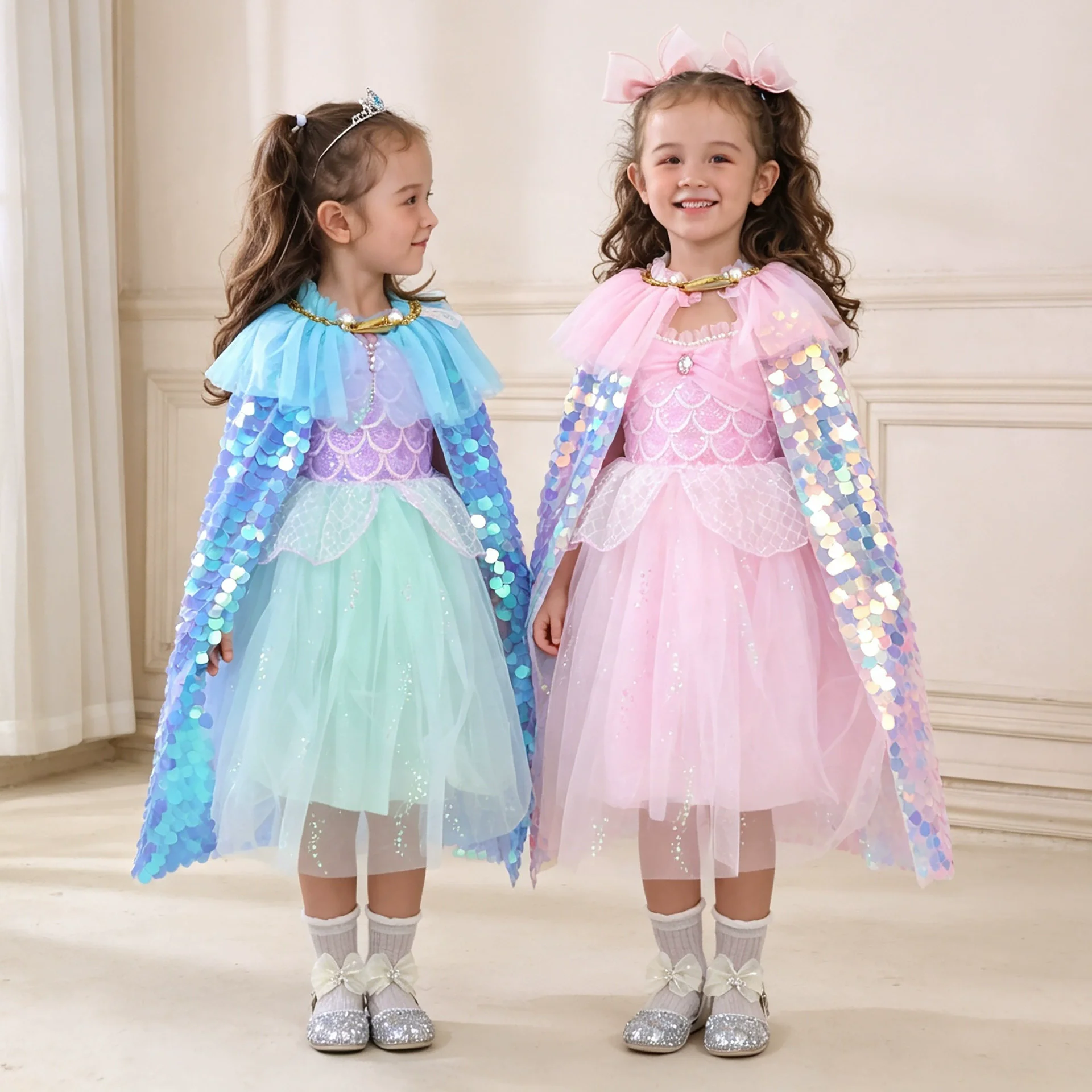Girl's Sequin Cape Blue & Pink Layered Design with Gold Bling Trim Perfect for Kids Halloween Costumes And Festive Occasions