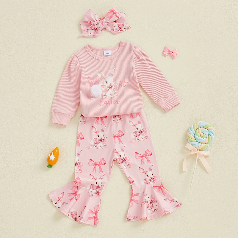 Toddler Baby Girls 3PCS Easter Outfits Spring Adorable Long Sleeve Ribbed Romper+Bunny Bow Pattern Flare Pants+Headband Sets