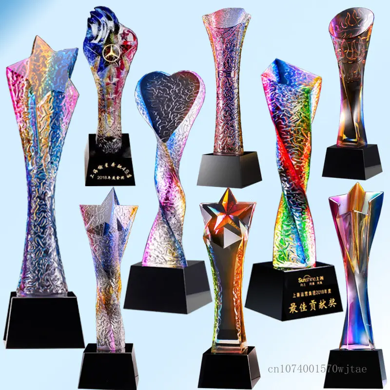 Crystal Trophy Making, Colorful, High-grade, Colored Glass, Creative, Excellent Staff Honor Award, Home Decor Engraving, New 1pc