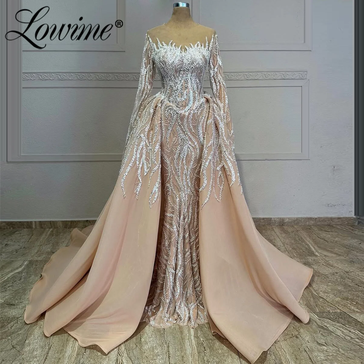 

Customized Lace Pearl Formal Evening Dress Long Sleeves Arabic Dubai Party Dresses 2 In 1 With Overskirt Women Prom Gowns 2026