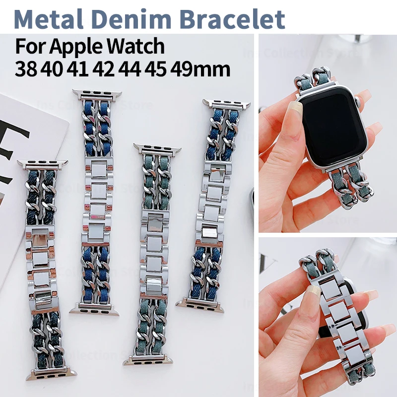 

Metal Denim Strap for Apple Watch Band Ultra 49mm 38mm 41mm 40mm 44mm 45mm Bracelet for iWatch Series 7 8 9 SE 6 5 4 Chain Belt