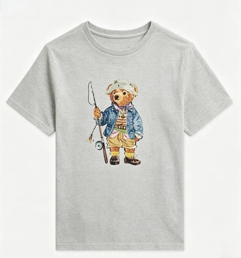 2026 new Retro cartoon fisherman bear pattern T-shirt with fishing rod bear print design loose and casual short sleeve shirt