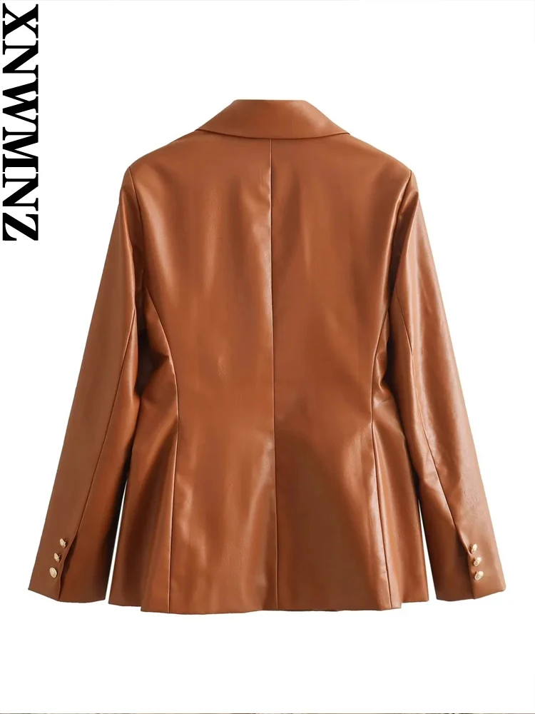 XNWMNZ Women\'s Fashion 2023 Autumn/Winter Faux Leather Blazer Women Retro Lapel Long Sleeve Button Versatile Female Jacket Coat