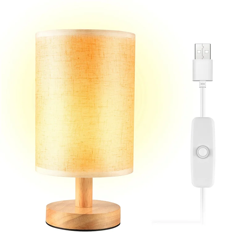 

LICE-DC5V Round Bedside Table Lamp Nightstand Lamp With Fabric Shade And Solid Wood For Bedroom, Living Room Modern Office