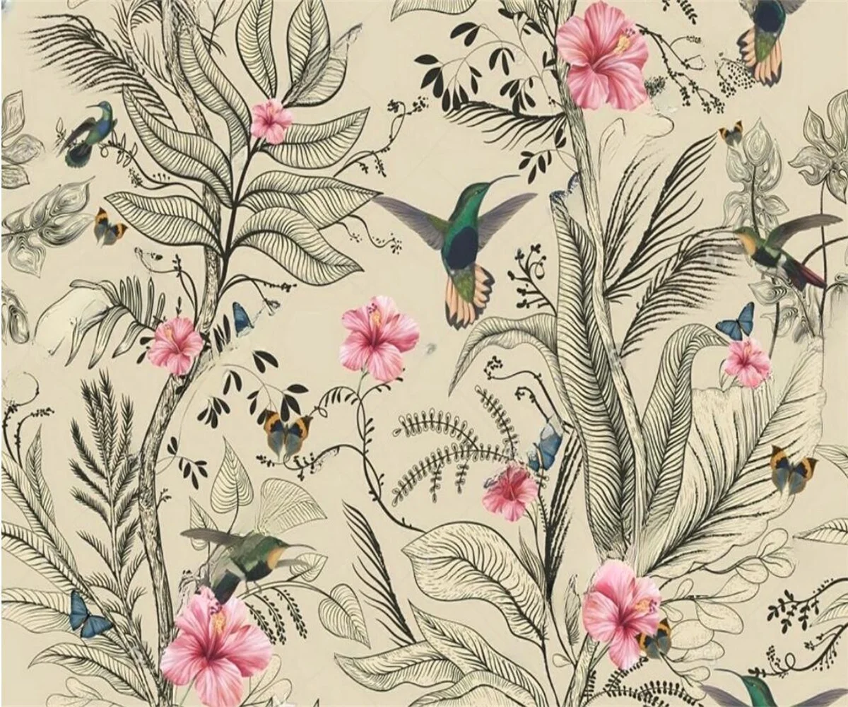 Customized size wallpaper flower and bird wallpaper tropical rainforest plants leaves, animals murals full house coverage mural