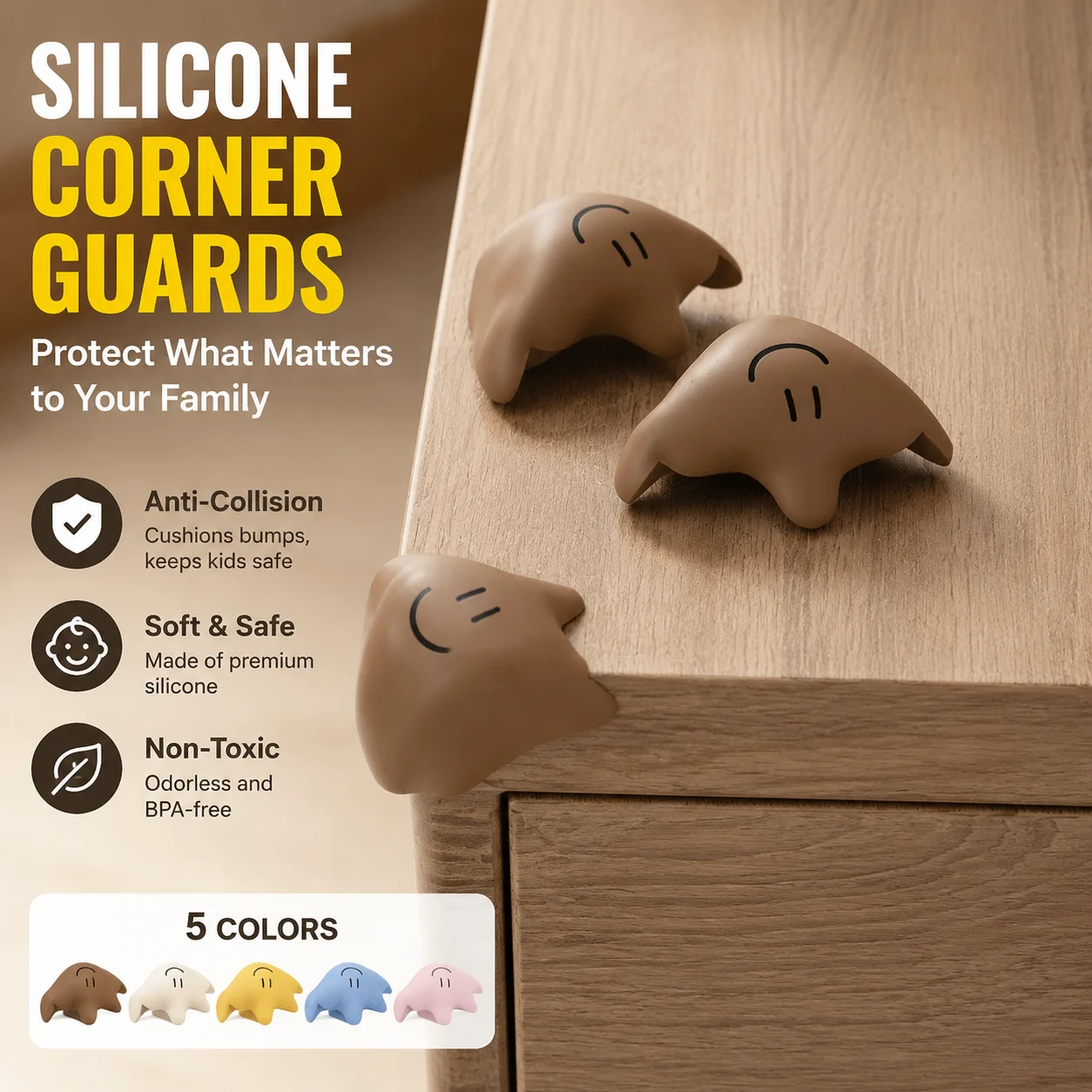 Silicone Corner Guards for Furniture, 4x4x3cm Anti-Collision Table Edge Protectors, Fluid Cartoon Design, Pack of 5 Colors