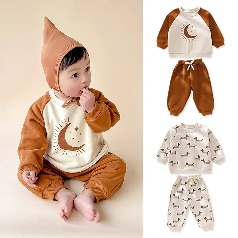 New Spring 2026 Toddler Fleece Outfit Boys Girls Long Sleeve Sweatshirt Pants 2pcs Set Cute Moon Puppy Baby Casual Daily Wear
