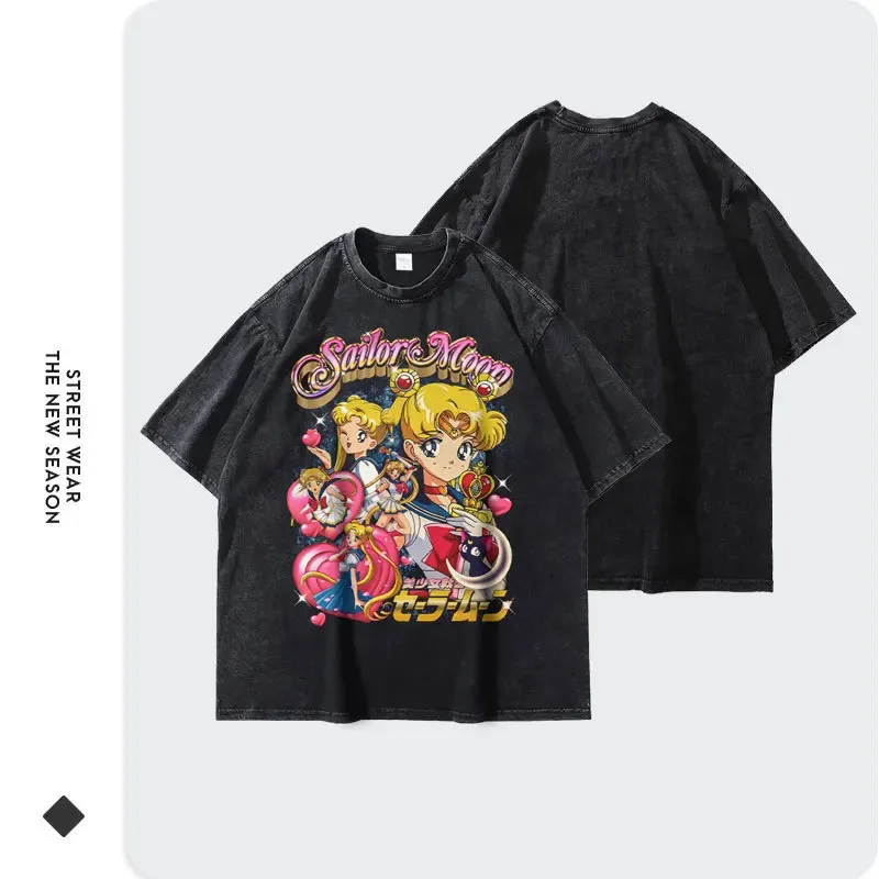

2025 aaa аниме Sailor Washed Fried Color, потертая футболка, двумерная футболка с изображением воды, ледяной луны, милая ретро-футболка с короткими рукавами для девочек Tre