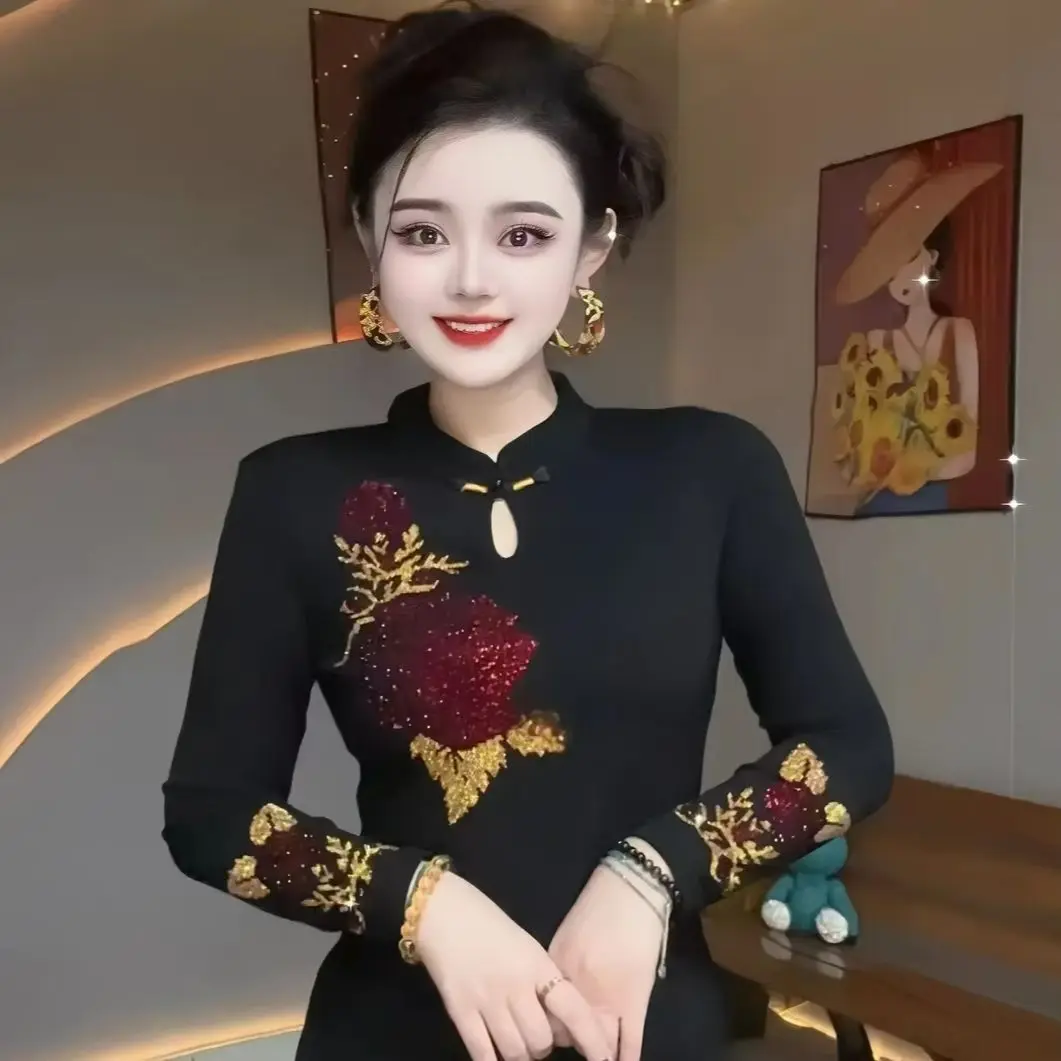 

Chinese Style Slimming Base Layer Sequin Vintage T-Shirt Stylish Blouse Slim Fit Women