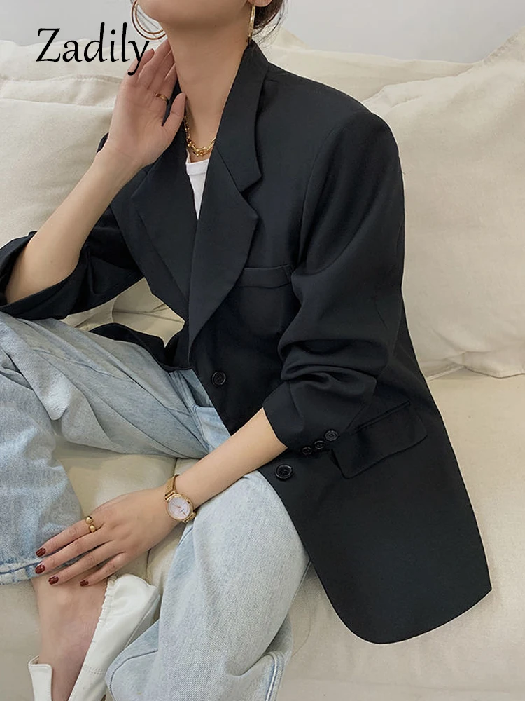 Zadily 2022ฤดูใบไม้ร่วง Oversize เสื้อแขนยาวสีดำผู้หญิง Blazer Normcore สไตล์ BF แจ็คเก็ตพ็อกเก็ตออฟฟิศ Lady ทำงานเสื้อผ้าหญิง