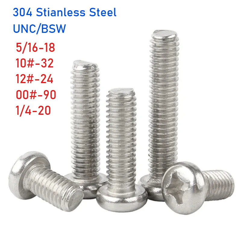 Peijian UNC/UNF/BSW 5/16-18 10#-32 12#-24 00#-90 1/4-20 SUS304 Stianless Steel Round Pan Head Machine Screw Phillips Cross Bolt