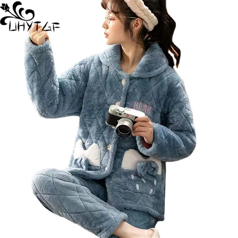 

UHYTGF Autumn Winter Pajamas Women Quality Coral Flannel Sleepwear Two-Piece Sets Female Casual Warm Home Clothes Nightgown 2530