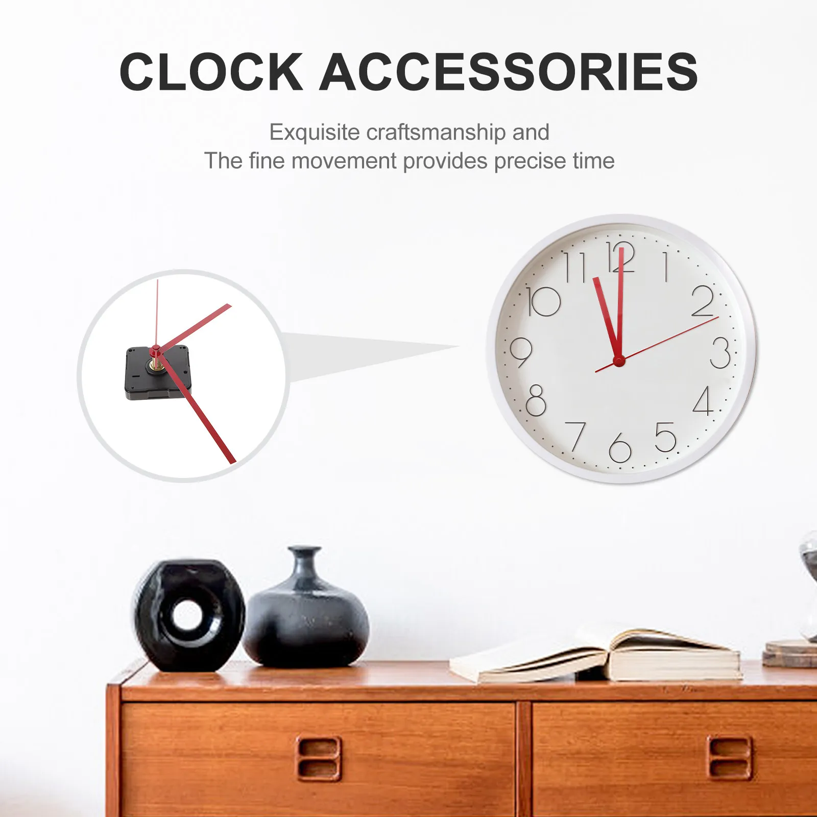 Silent Clock Movement Mechanism for Hanging Clocks Red Straight Hands High Torque Motor Noise Free Operation Ergonomic Design
