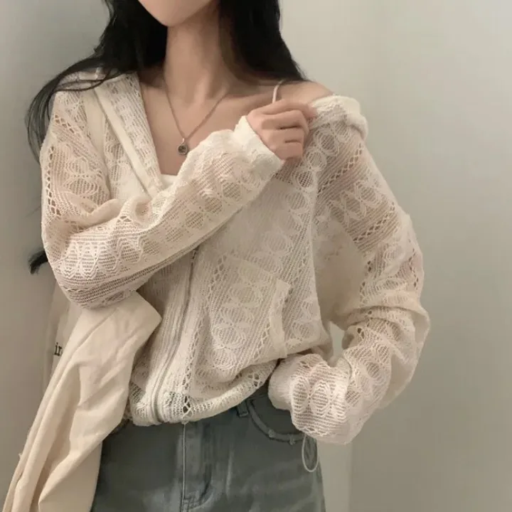 

Стильный весенне-летний кардиган с кружевными вставками, на молнии, с капюшоном, тонкий, женский, для защиты от солнца, повседневный, свободного кроя, дышащий, длинный рукав