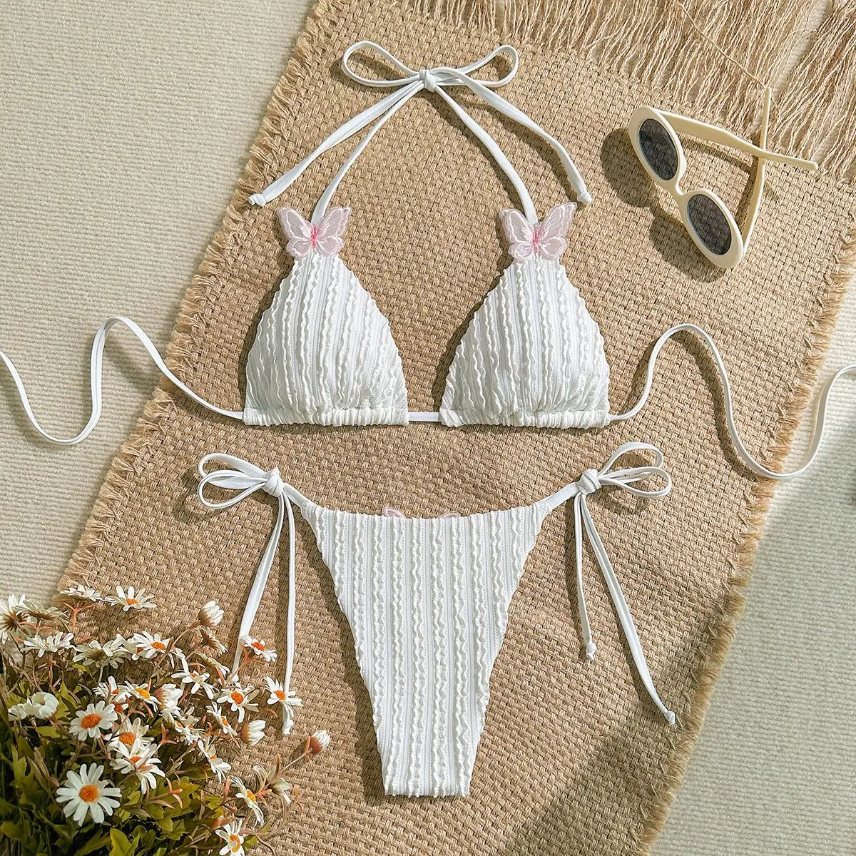 

Women White Textured Bikini Set Butterfly Appliques Halter Triangle Top Tie Side Bottoms Sweet Two Piece Swimwear Summer Beach