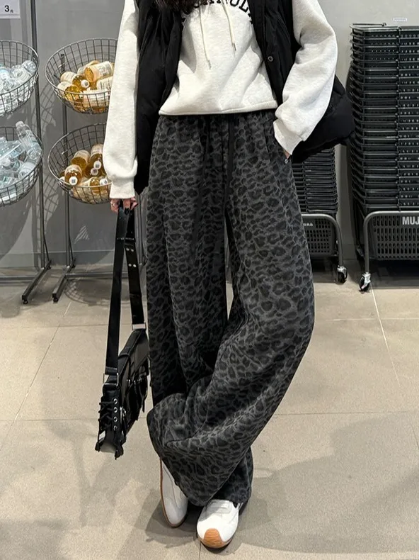 

Женские повседневные брюки с подкладкой, с узором «тигровые полосы», с высокой талией, на резинке, свободные, широкие, прямые, длинные, зимние, новинка