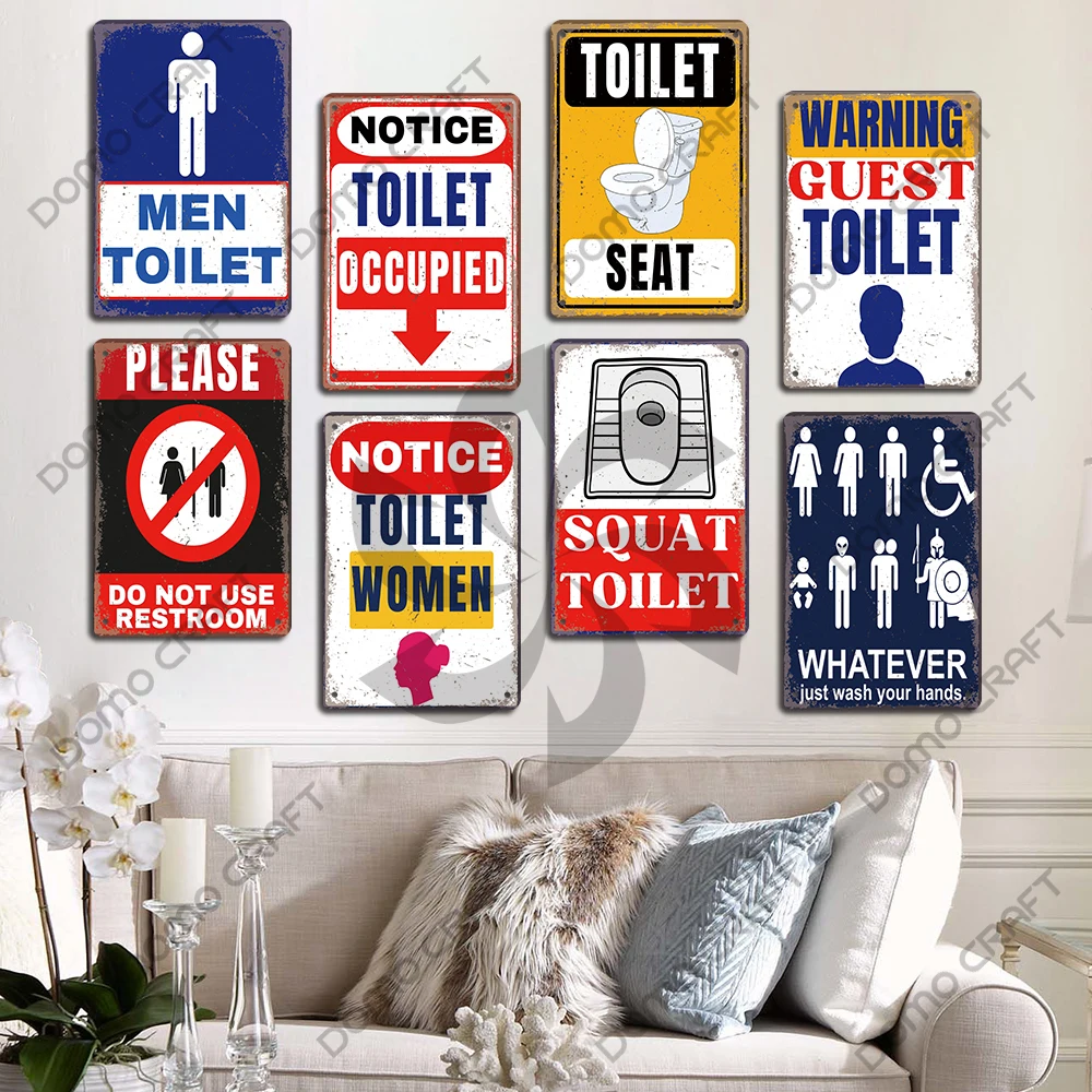 Toilet Warning Signs Metal Plaque Vintage Man Lady Funny Restroom Poster Metal Tin Plates Wall Decor for Bathroom Market Bar Pub
