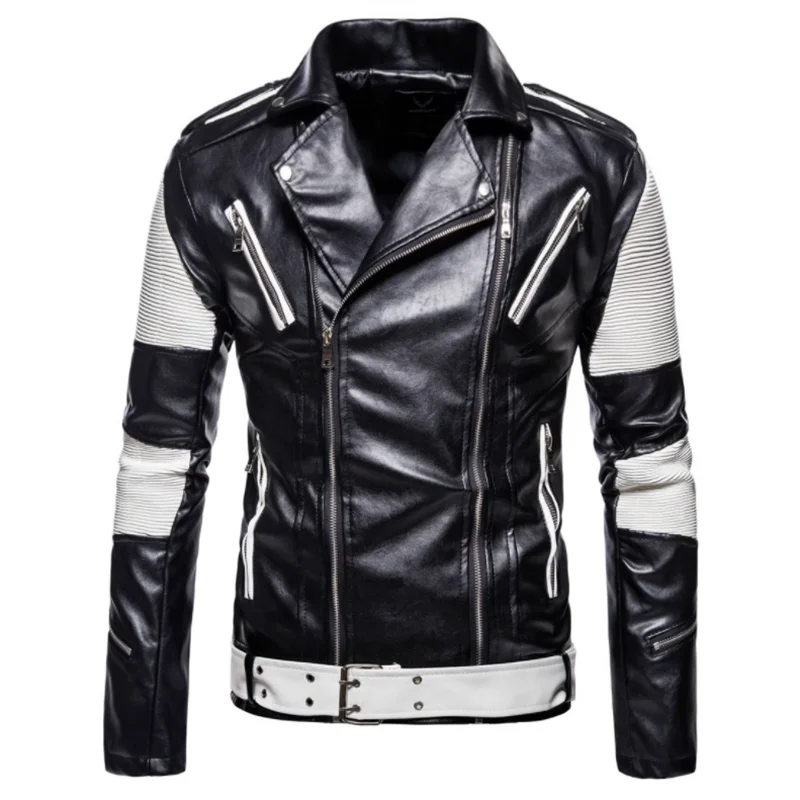 2023 Black and white color splicing motorcycle leather men denim motorcycle leather jacket fashion multi-zipper oversized size