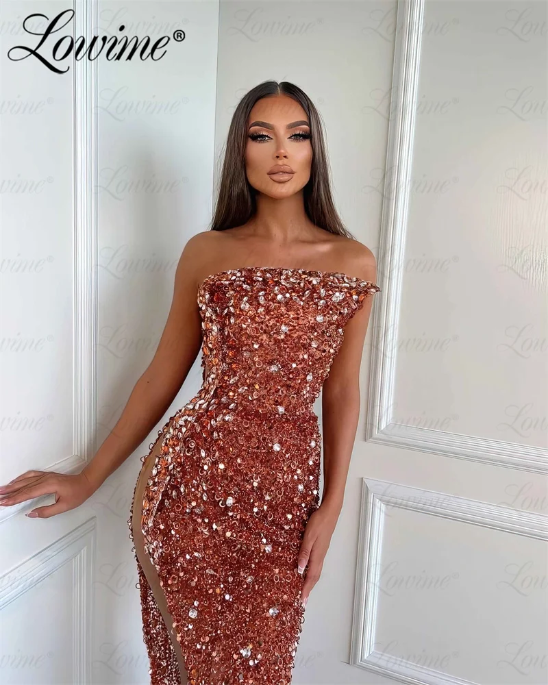 Lowime Long Prom Dresses With High Split Side Robe Strapless Crystals Party Gowns 2024 Aso Ebi Wedding Engagement Evening Dress