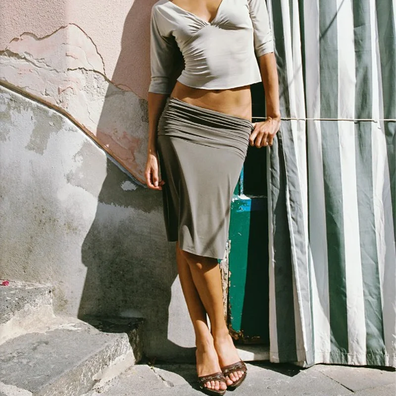 Women Midi Skirt Grey High Waist Ruched Side Slit Slim Fit Bodycon Casual Vacation Y2K Minimalist Fashion Elegant Long Skirt