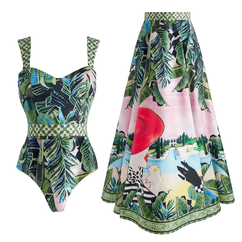 One-piece Women Floral Printed Swimwears Vintage Swimsuit Set Beach Dress Vacation Style Wear Maxi  Skirt