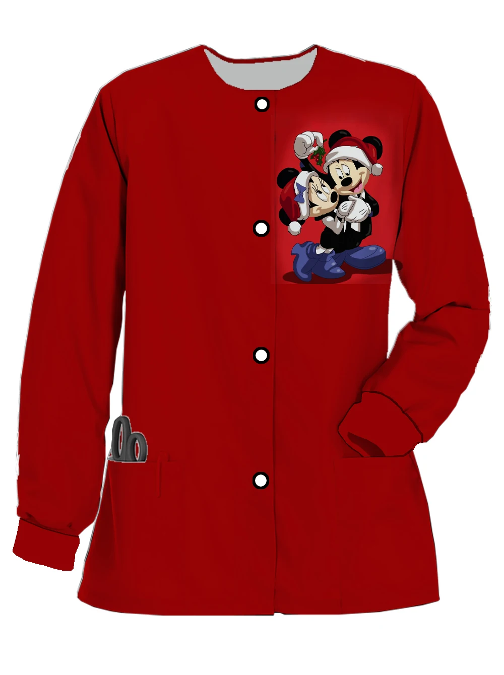 Christmas round-neck pocket cardigans, buttons, Disney printed women's beauty salon work uniforms, medical uniforms