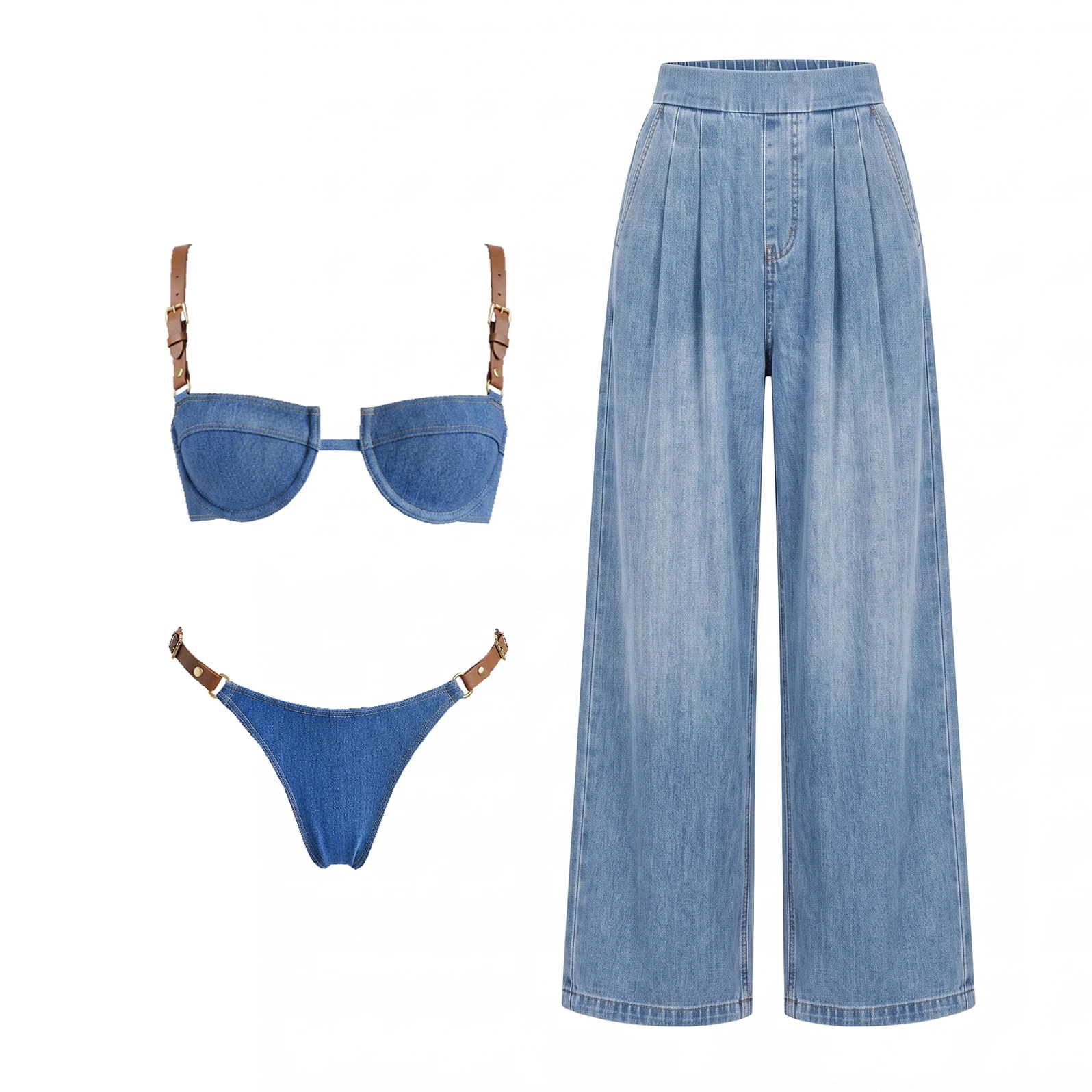 Denim Print Bikini 2026 Women Sexy Swimsuit Push Up Swimwear Bandeau Biquini Female Micro Bikinis Deep V Bathing Suit Beachwear