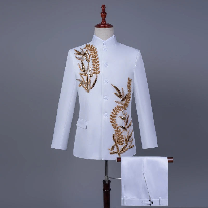 Hot Stamping Chinese Tunic Suits for Men,Goldfish, Dragon or Phoenix Patterns for Chorus Host Singer Performances Blazer+pants