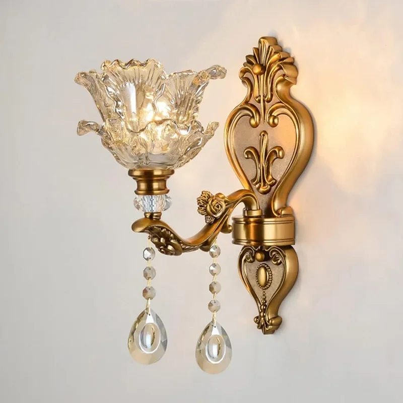 

Retro Crystal Walls Light European Living Room Bedroom Bedside Lighting Modern Corridor Aisle Mirror Front Glass Wall Lamp Sconc