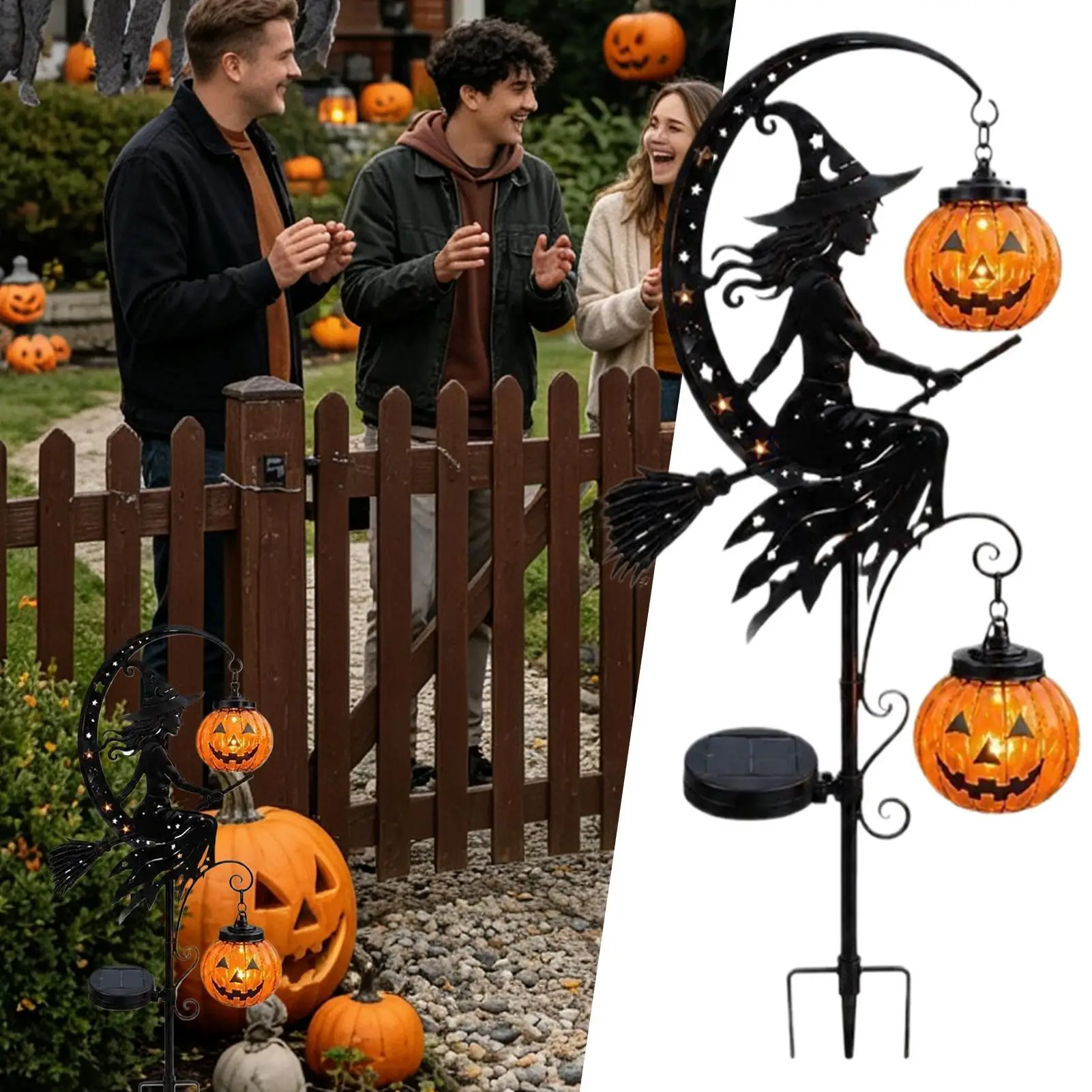 Halloween Solar Lights Outdoor Waterproof Witch Pumpkin Crescent Moon Garden Stake Decor Pathway Patio Lawn Yard Porch Lamp
