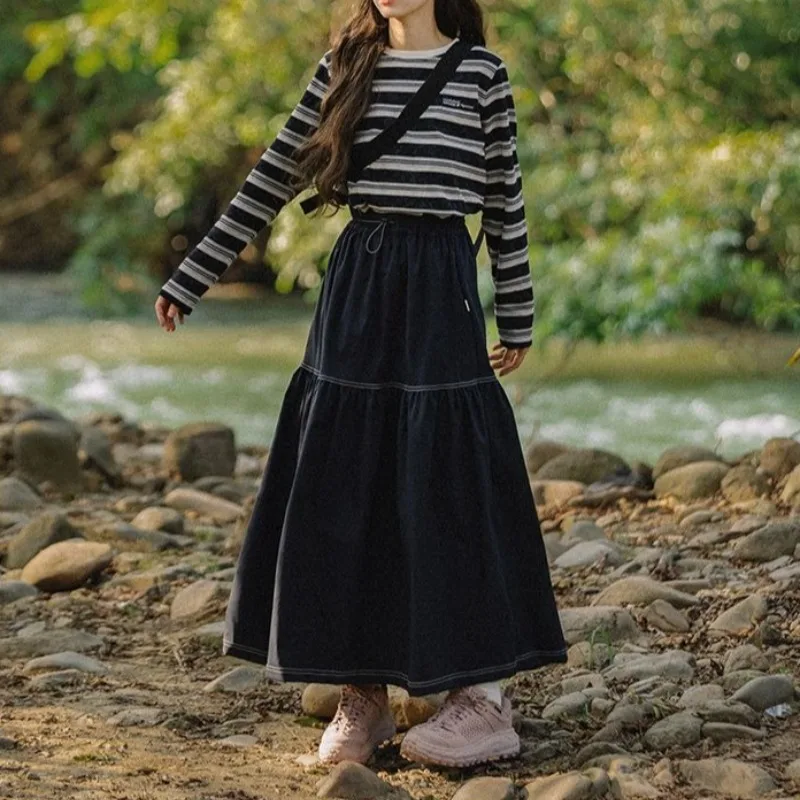 Korean Fashion Vintage Casual Outdoor Drawstring A-Line Pleated Maxi Skirt High Waist Preppy Office Commute Long Skirt for Women