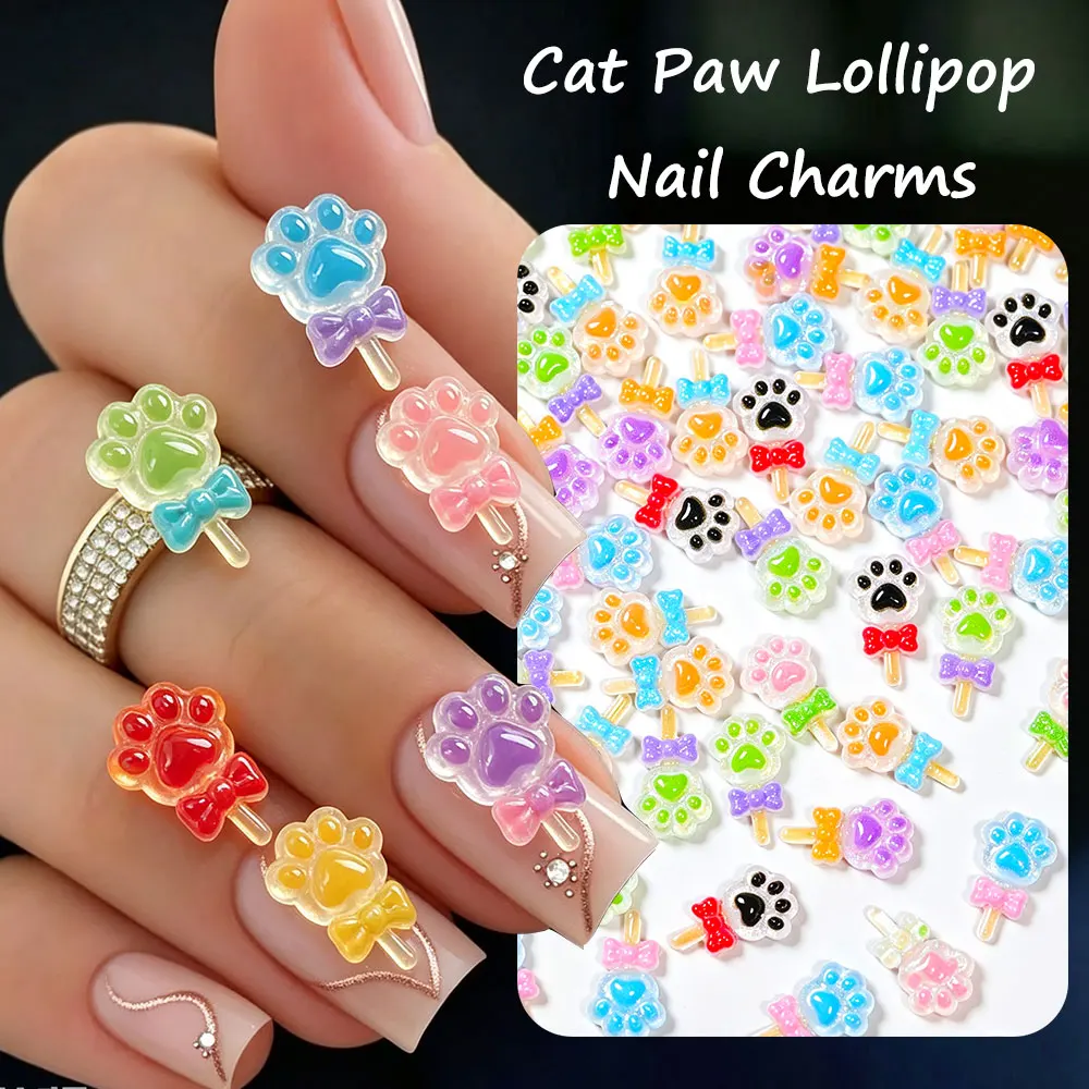 50Pcs Kawaii 3D Cat Paw Lollipop Nail Charms Multicolor Bow Paw Print Resin Nail Decor Cute Mini Lollipop DIY Nail Art Supplies