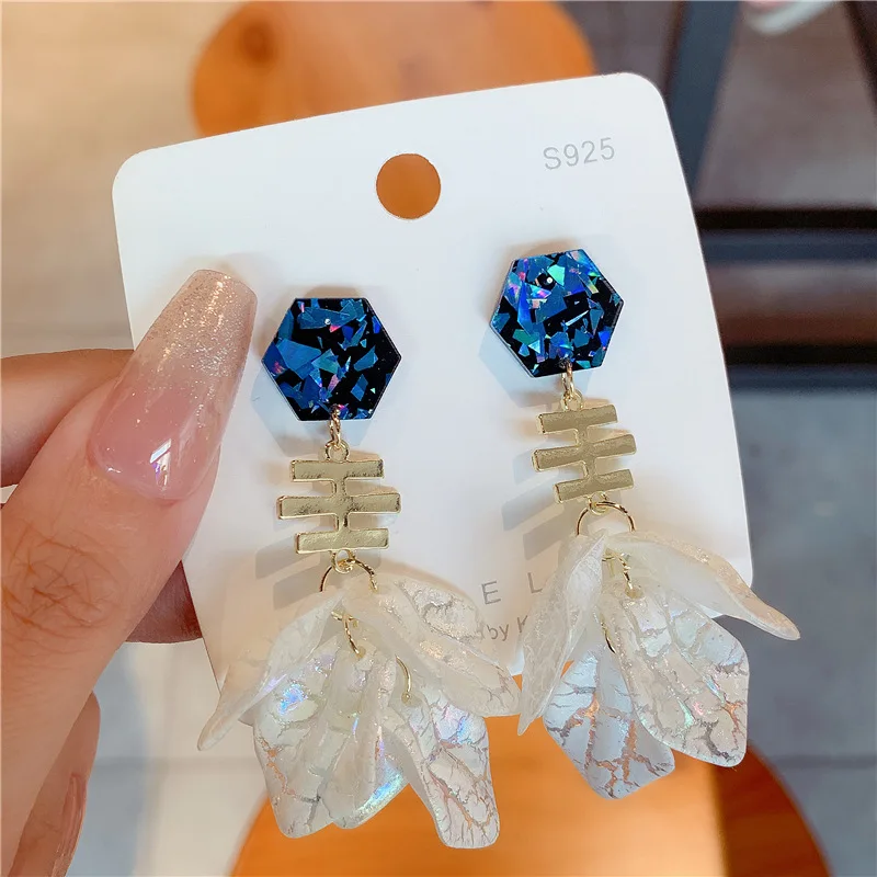 Elegant Acrylic Flower Earrings Blue Crystal Earrings For Women Fashion Luxury Petal Dangel Earrings Wedding Party Jewelry Gifts