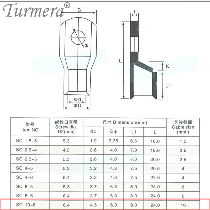 電動圧着コネクタ,SC10-6/10mm ² 銅線,3.2v,280ah,320ah,LiFePo4バッテリー用端子