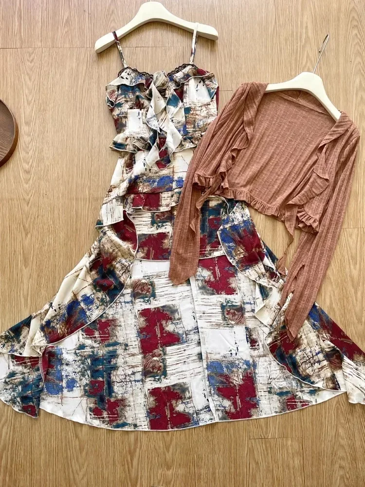 New Aesthetics Vintage 2 Piece Set Spicy Girls Casual Short Cardigan + Sleeveless Print Irregular Y2k Dress Korean Fashion Suit