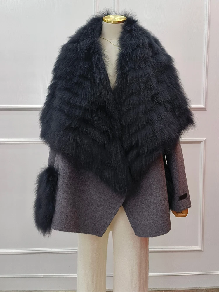 Hand Make Women Winter Oversize Woolen Jacket Real Fox Fur Collar and Pocket Decoration Woolen Coat