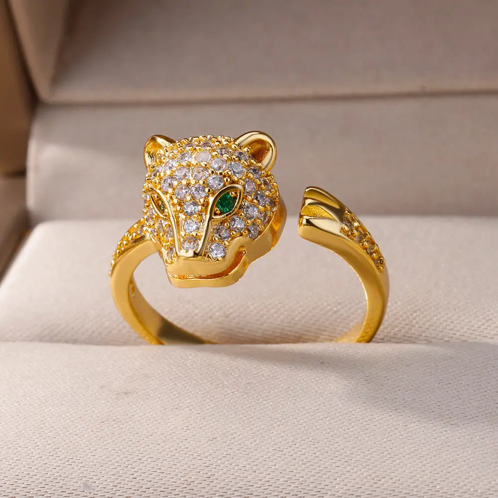 Zircon Leopard Head Rings For Women Men Gold Color Adjustable Stainless Steel Ring Aesthetic Luxury Design Jewelry Wedding Gift