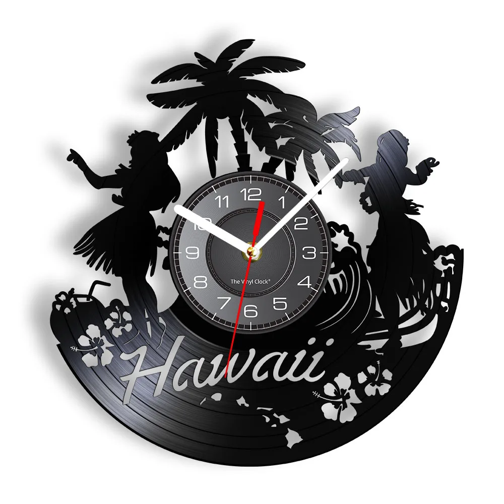 Hawaii Wall Clock Hawaiian Luau Party Wall Art Home Decor Vinyl Record Clock Hawaiian Beach Palm Scenery Vintage Summer Ornament