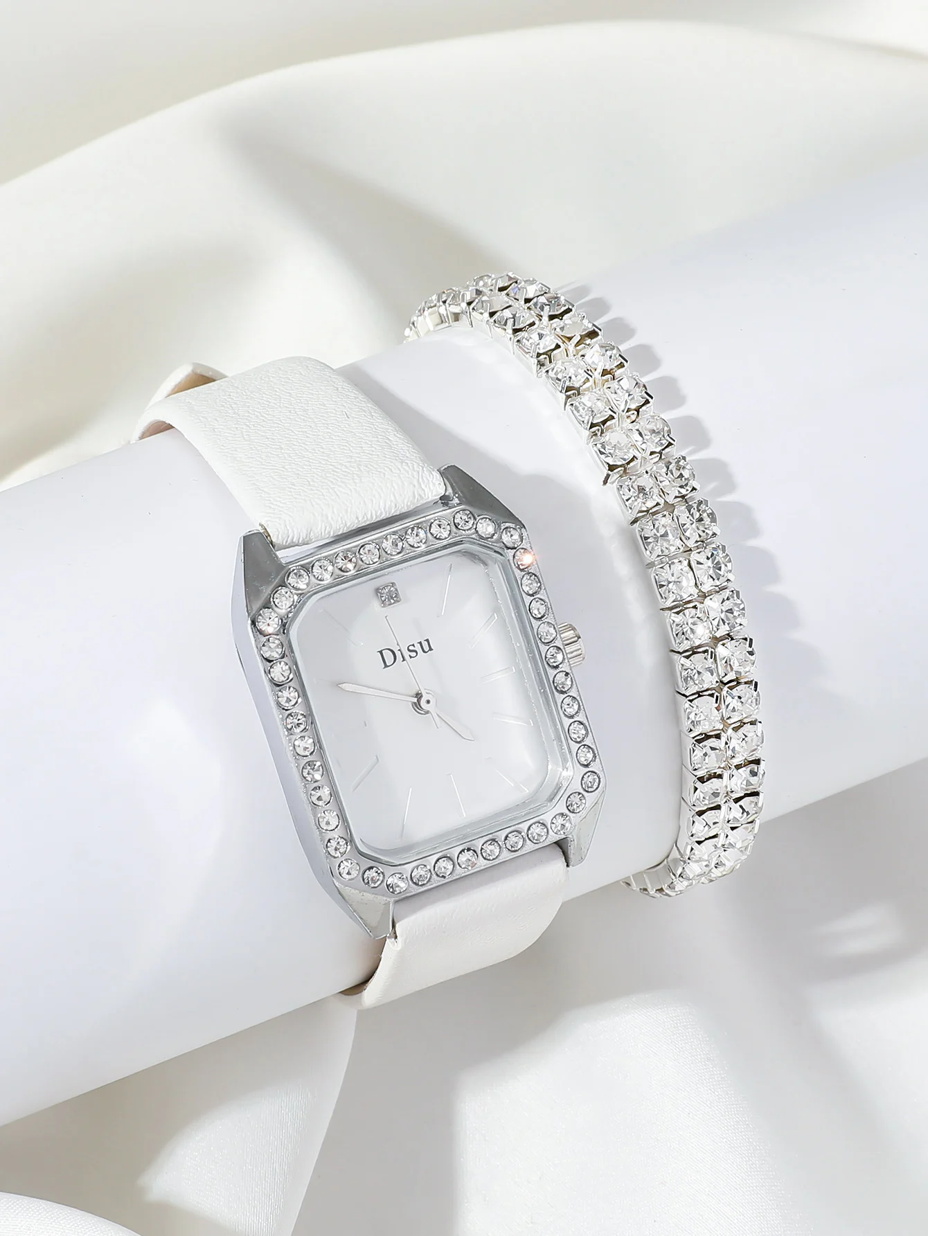 A White Woman Business Temperament Small Square Quartz Watch With Rhinestone. And A Two-Row Diamond Bracelet Set.