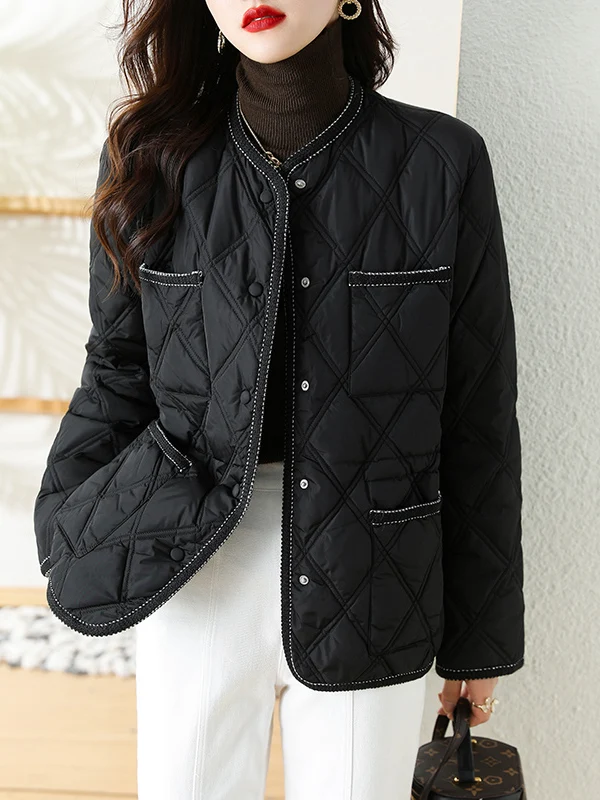 Fashionable Short Cotton Jacket 2025 Winter New Style Dual Line Diamond Pattern Color Block Stylish Commute Loose Fit Women's...