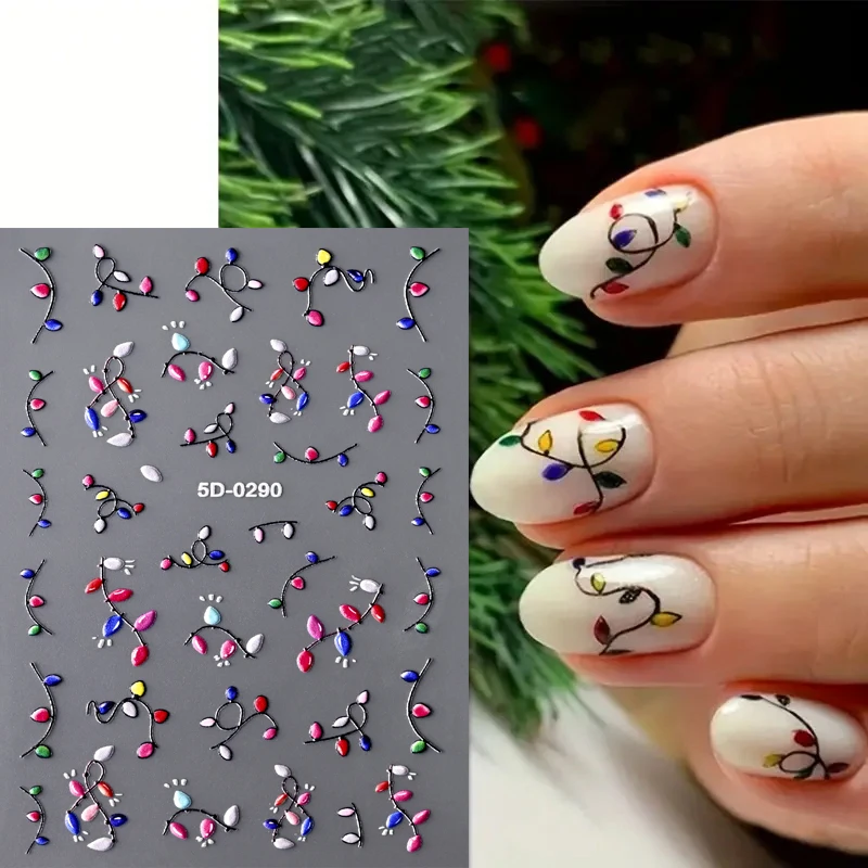 1枚入り 5D エンボス加工 クリスマスライト ネイルアートステッカー ホリデーネイルデカール ネオン＆パステルカラー お祝い DIY ネイル用品