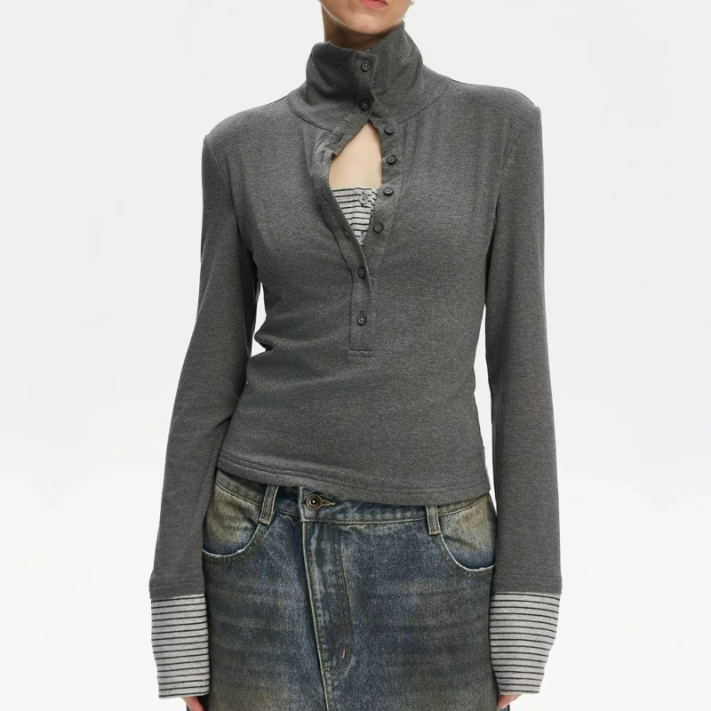 Nouveau printemps automne 2026 mode vêtements d'extérieur couche de Base pour les femmes faux deux col montant minceur élégant col haut tricoté hauts