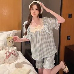 5XL Plus Size Women Summer Pajamas Short Sleeve Two-Piece Pj Sets Sleepwear Korean Style Loose Loungewear Button Down Homewear