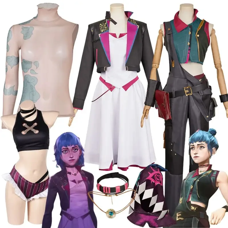 

Arcane Jinx Cosplay Tight Tattoo Shirt Costume for Women Clothes Game Disguise Jinx Roleplay Outfits Halloween Carnival Suit