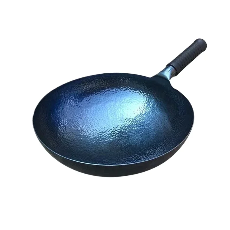 Iron Wok Pan,Chinese Traditional Hammered Iron Woks,2mm Thickness Blue Seasoned Pot,Uncoated Kitchen Cookware,Frying Pan