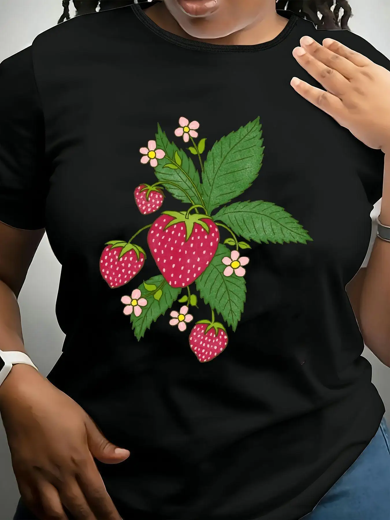 Black Sleeve T-Shirt with Strawberry and Floral Print Round Neck Micro-Elastic Casual Harajuku Sleeve Casual Aesthetic Clothes