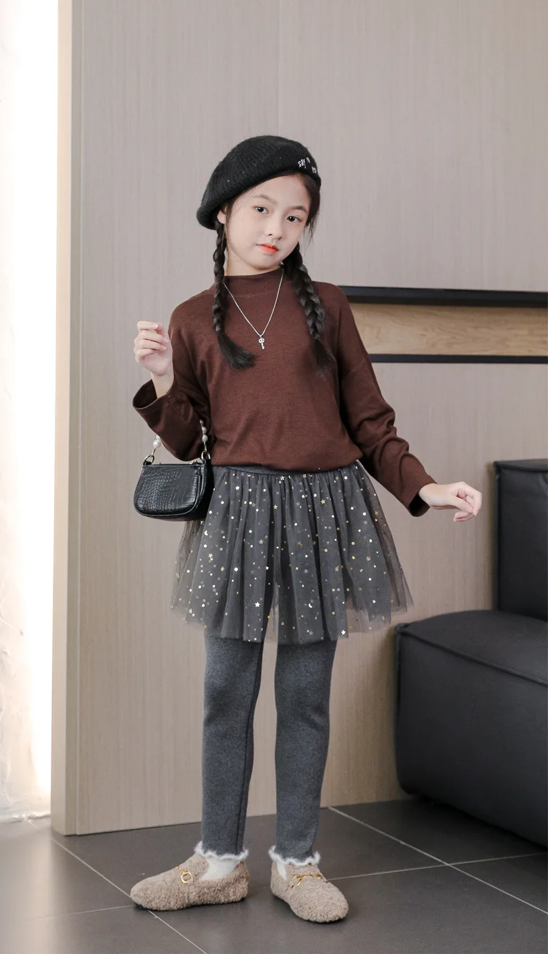 Autumn and Winter Girls' Fleece-Lined Thick Leggings with Sequins, Faux Two-Piece, Warm Baby Skirt Pants, Princess Skirt Pants view 6