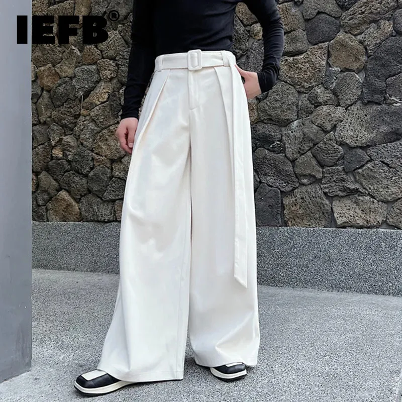 IEFB Men's Woolen Trousers Autumn Winter Fashionable Wide Leg Pants Loose Casual Belt Niche Design Trend Male Baggy New 9C2755